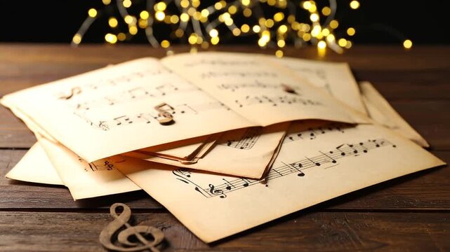Hand holds clef over sheet music pile on wood surface with soft light