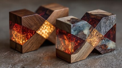 Obraz premium Two wooden blocks, intricately crafted with resin, showcasing glowing interior details