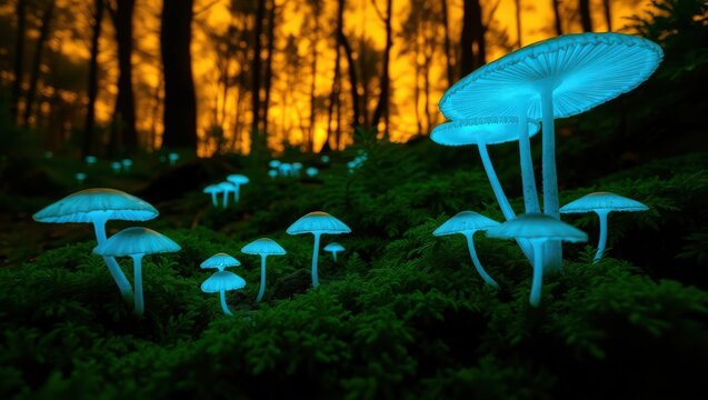 Glowing mushrooms illuminate a mossy forest floor with trees silhouetted against an orange sky