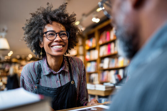 Bookstore clerk helping a customer in a cozy bookstore