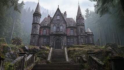 Misty forest castle with overgrown steps - Powered by Adobe