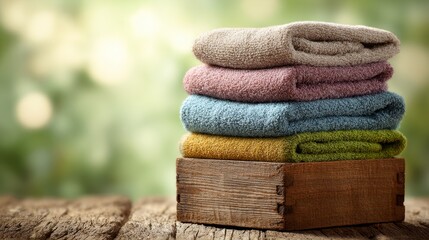 A stack of towels sits on a wooden box on a textured wooden surface set against a blurred green background