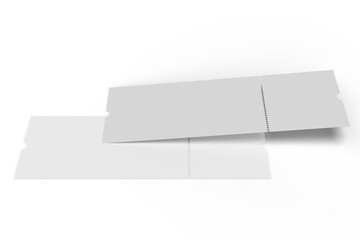 3D Realistic empty event tickets mockup isolated on background. Blank template for showcasing your ticket, train, raffle, carnival, concert, festival, lottery, coupon, theatre or airplane pass label.