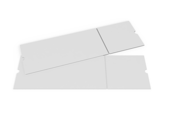 3D Realistic empty event tickets mockup isolated on background. Blank template for showcasing your ticket, train, raffle, carnival, concert, festival, lottery, coupon, theatre or airplane pass label.