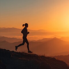 Fototapeta premium Energetic Woman Running on Mountain Trail at Sunrise with Fog