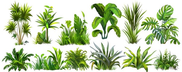 Set of green tropical leaves and plants silhouettes isolated on white background, vector illustration.