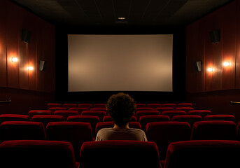A lone person sits in a dimly lit, empty cinema, facing a large, illuminated movie screen.

