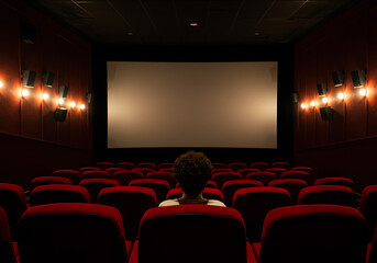 A lone person sits in a dimly lit, empty cinema, facing a large, illuminated movie screen.

