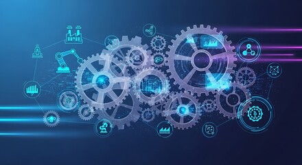 Industry 4.0 concept with gears and icons representing automation and technology.