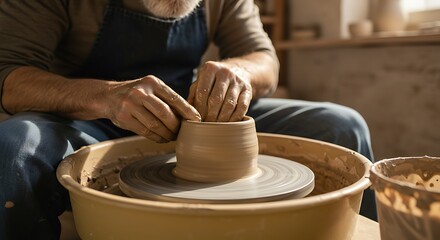 Close-up of a skilled artisan's hands shaping clay on a pottery wheel