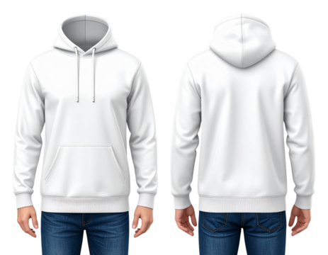 Classic Hoodie technical fashion illustration. hoodie vector template illustration. front and back view. oversized. drop shoulder. unisex. white color. CAD mockup.