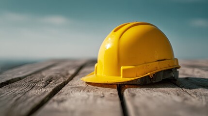 A yellow hard hat sits on weathered wooden planks against a blurred blue sky