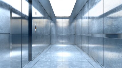 Stylish corporate elevator interior brushed metal walls mirrored surfaces and soft floor lighting unoccupied