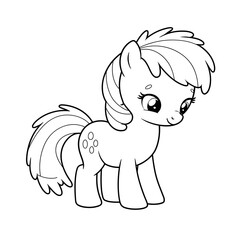 Sweet cartoon pony with flowing mane, spotted flank, and gentle smile, drawn in black-and-white line art.