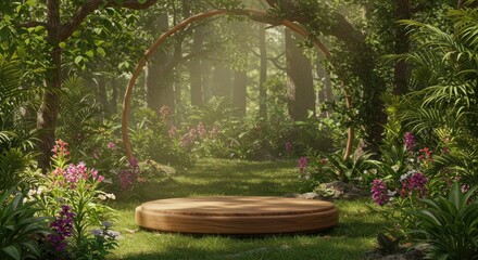 A sunlit forest clearing with a wooden platform at center, surrounded by lush foliage, a circular arch, and colorful wildflowers