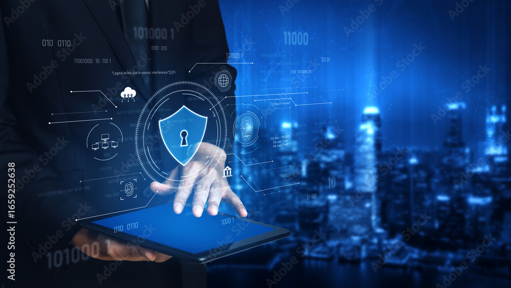Poster cyber security interface with biometric and ai-powered protection system. cyber security secures acc