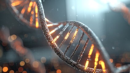 Glowing, metallic DNA helix against blurred background