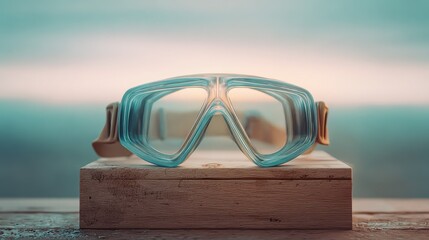 Diving goggles sit atop a wood block with a blurred sea and sky background