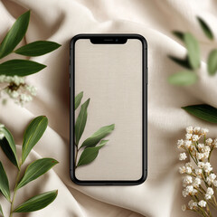 Iphone on a draped fabric with green leaves and small white flowers around it