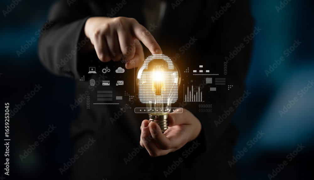 Poster cybersecurity protection system showing password encryption, fingerprint id, cloud security, email, 