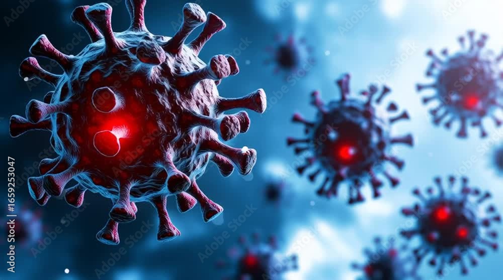 Poster a microscopic image shows multiple red and blue floating virus cells.