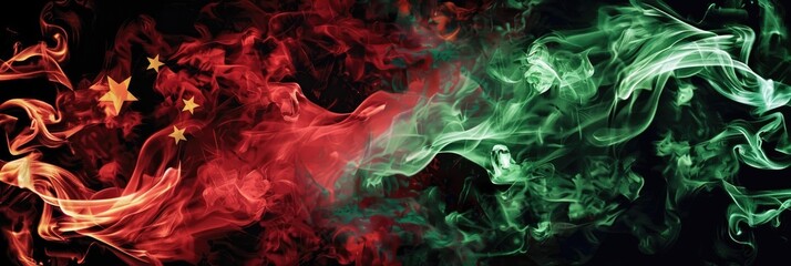 Pakistani and Chinese smoke flag background, very detailed, high resolution imagery. The artwork is rendered in the style of traditional Chinese brush painting techniques.