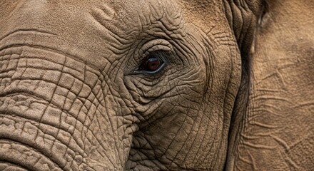 Fototapeta premium Close-up of an elephant's eye and textured face, showing detailed wrinkles and skin folds. The eye is dark and expressive, contrasting with the neutral tones of the skin