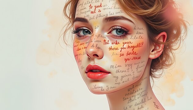 Womans face covered in handwritten text and script - Powered by Adobe