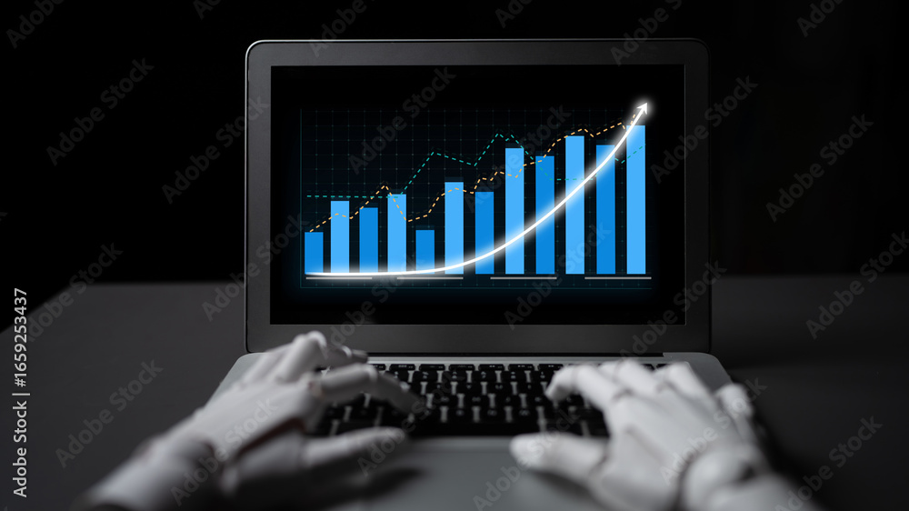 Poster robotic hands interact with a laptop displaying a rising financial graph, symbolizing the intersecti