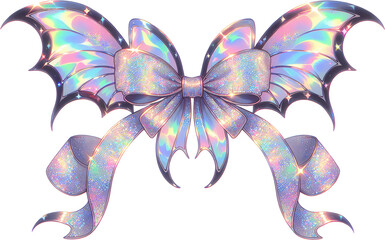 Delicate shimmering iridescent creature with ethereal ghostly wings and a whimsical bow like adornment