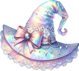 Iridescent witch hat with bow and lace