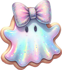 Whimsical and ethereal iridescent ghost shaped cookie with a colorful pastel bow and sparkling glitter