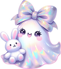 Iridescent ghost bunny with a whimsical bow