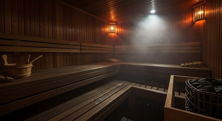 Cozy Wooden Sauna with Steaming Atmosphere and Hot Stones