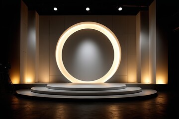 Modern stage with illuminated round arch and platform. Empty studio interior for performance concept or product display.