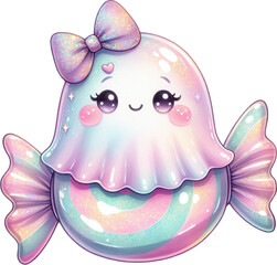 Iridescent ghost with a bow sitting on a candy