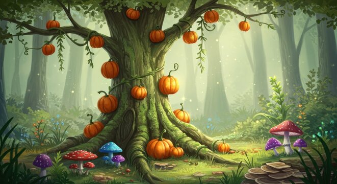 A pumpkin tree in a fairytale forest, surrounded by mushrooms and glowing lights in a colorful, fantastical scene