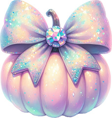 Enchanting iridescent pumpkin with a vibrant holographic bow and shimmering