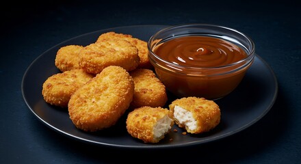 Crispy golden chicken nuggets with dipping sauce on a dark plate