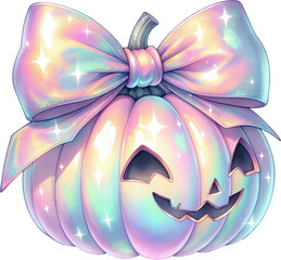 Iridescent ghost pumpkin with a shimmering bow casting a magical ethereal glow