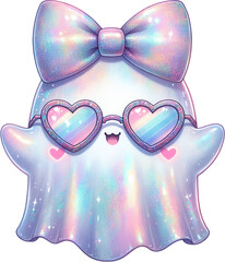 Iridescent ghost with a pastel bow and heart shaped glasses