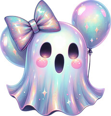 Whimsical pastel colored ghost with a shimmering holographic appearance and a friendly expressive face