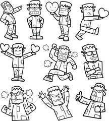 Cute and funny Frankenstein in many actions and expression cartoon vector in black and white outline collection