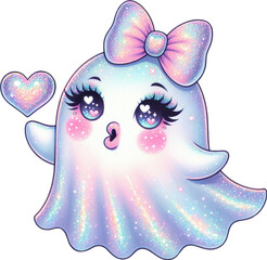 A whimsical ethereal ghost with a pastel iridescent glow and a delicate bow