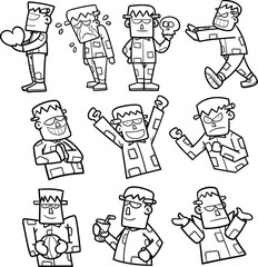 Funny Frankenstein cartoon vector in black and white outline collection
