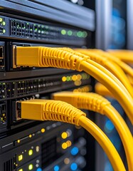 Network server rack with yellow ethernet cables