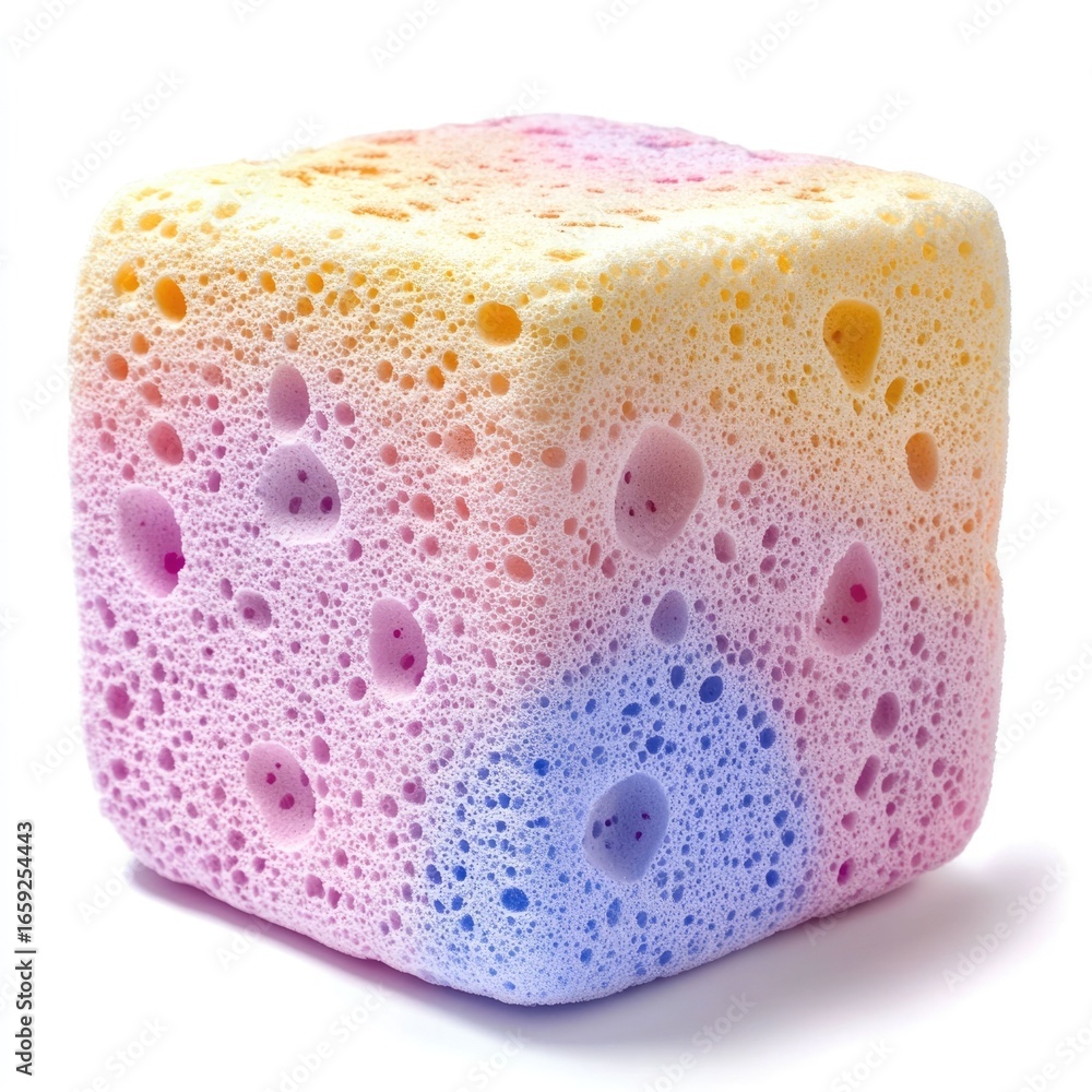 Poster A close up of a soft  fluffy  and intricately textured bath sponge in a captivating pastel color gradient  captured against a clean white backdrop for a minimalist  studio style presentation