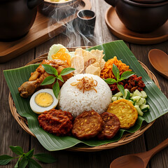 Traditional Nasi Uduk Set with Sambal and Crackers