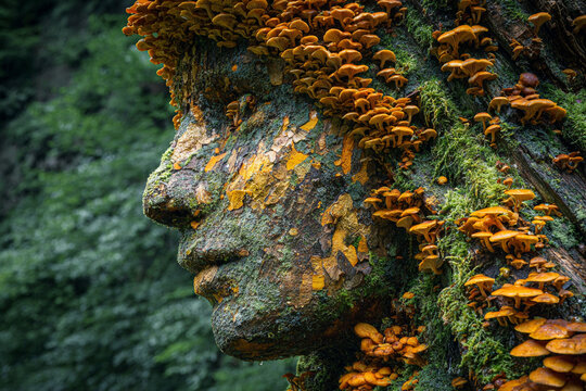 A captivating closeup of a tree trunk adorned with vibrant orange mushrooms, resembling a face, set against a lush green forest - Powered by Adobe
