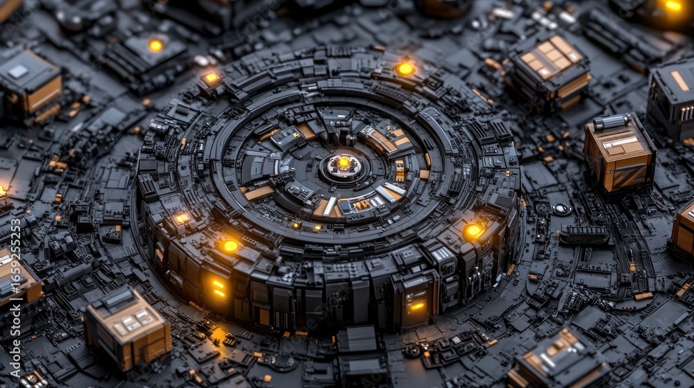 Poster futuristic technology infrastructure with intricate circular design and detailed components